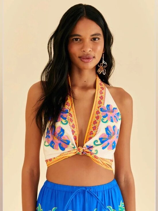 FARM Rio Tops - Farm Rio Vivid Garden Halter Bikini Crop Top Tie Front Stretch Large NWT Floral